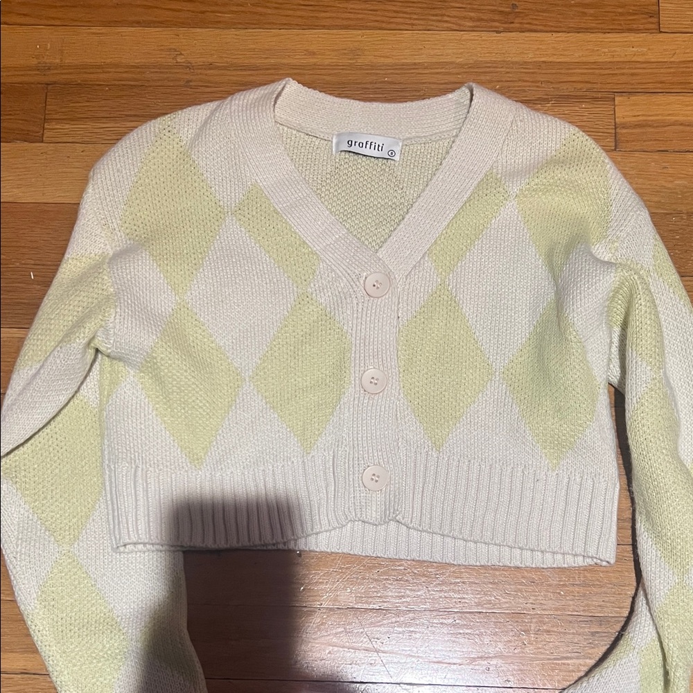 Graffiti Women's Cream and Light Green Argyle Cardigan
